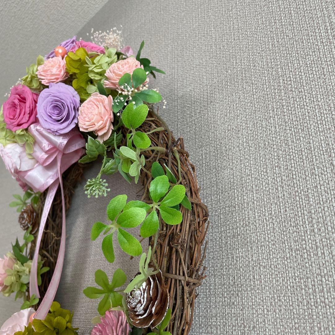 プリザーブドフラワーリース ピンク 紫　玄関リース