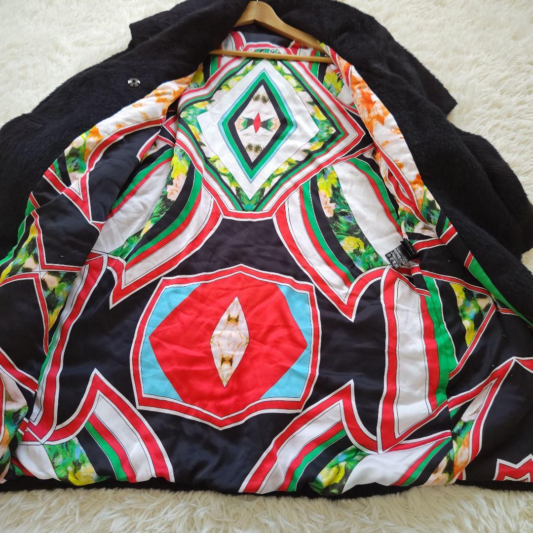 【伊太利屋】イタリヤ　ウール　アルパカ混　ブラック　ロングコート　総柄　Lサイズ