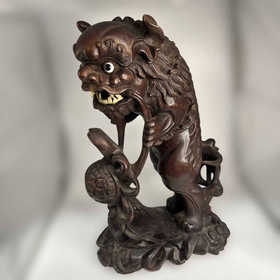 中国 唐木 彫刻 木製獅子像 伝統的な彫刻