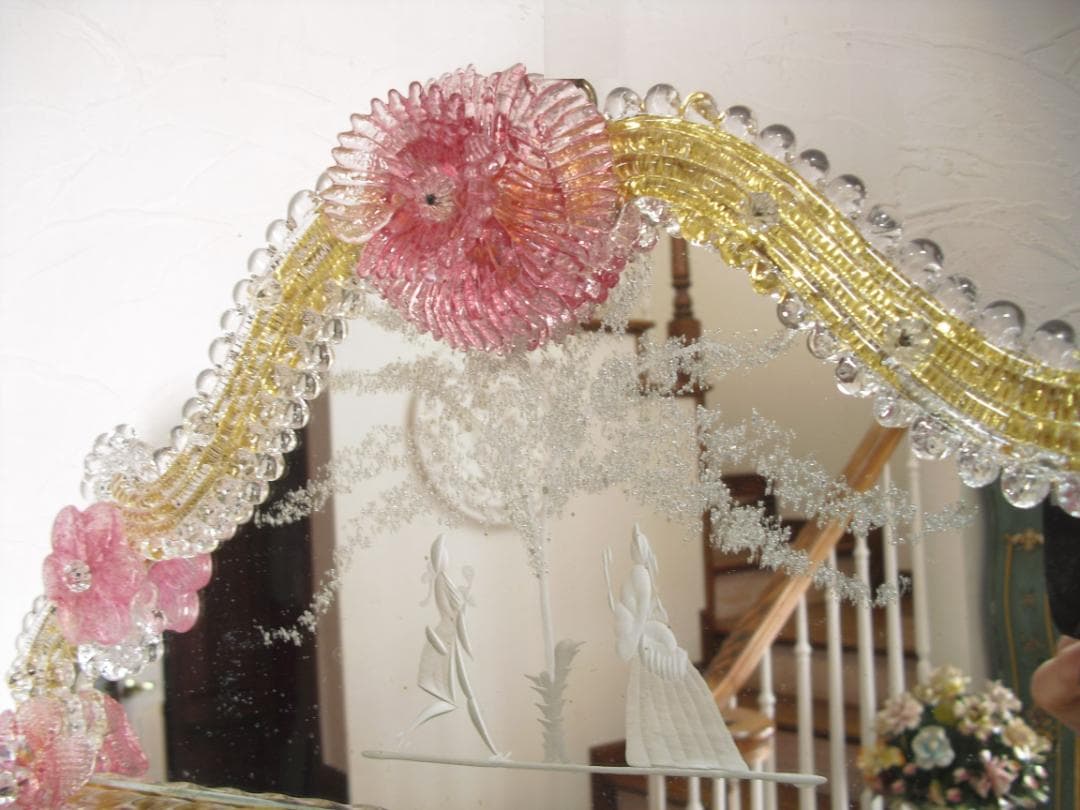 希少☆イタリア製☆ ベネチアンムラノガラス ミラー☆大型壁掛け鏡☆52×75cm