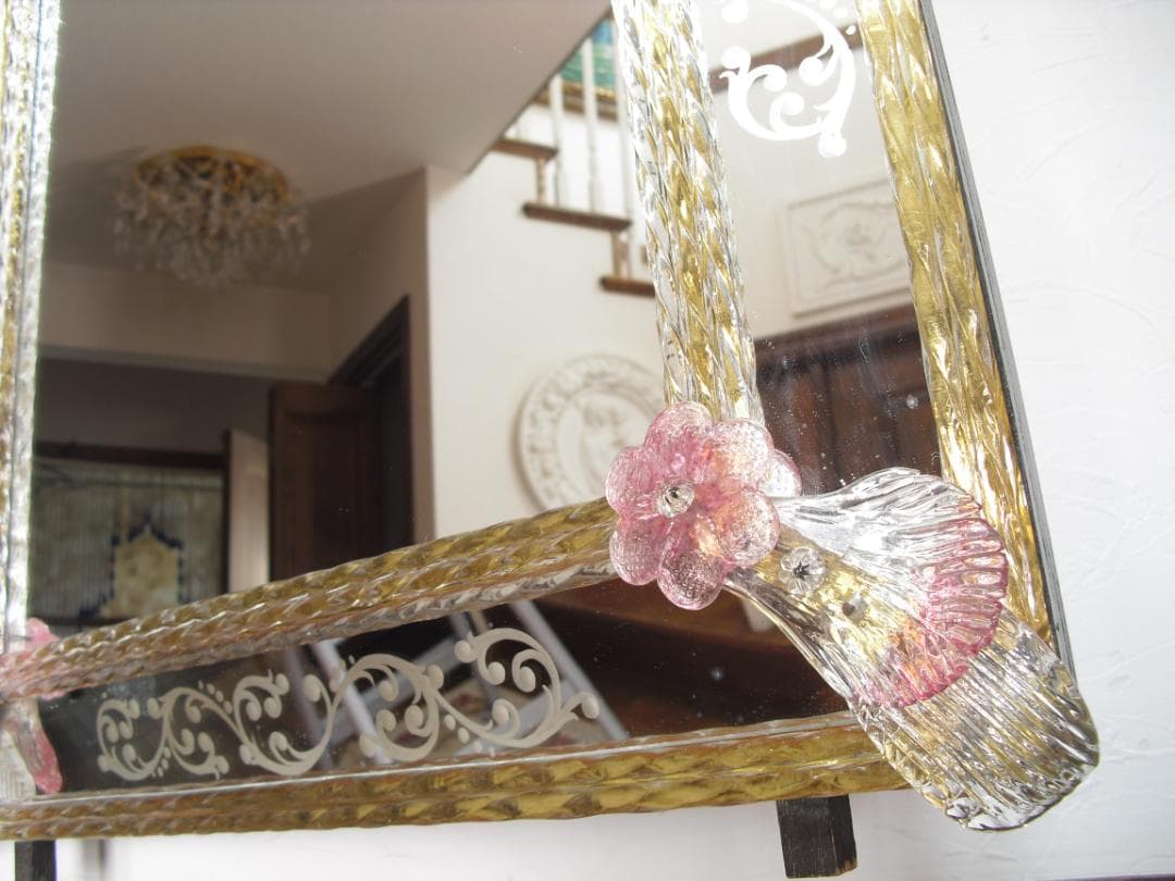 希少☆イタリア製☆ ベネチアンムラノガラス ミラー☆大型壁掛け鏡☆52×75cm