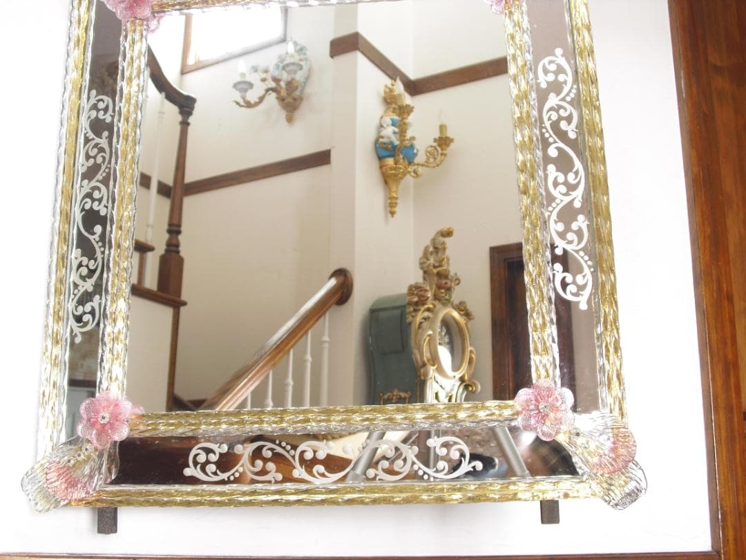 希少☆イタリア製☆ ベネチアンムラノガラス ミラー☆大型壁掛け鏡☆52×75cm