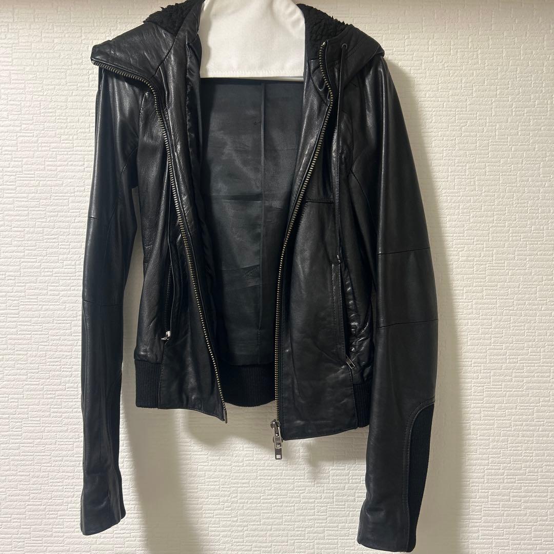 MOUSSYマウジー レザージャケット フード付きブラック