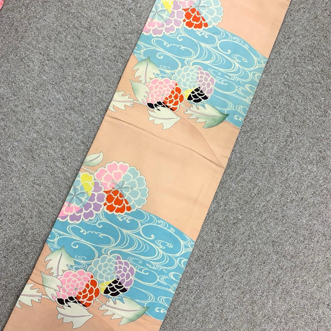 503ag77■キッズ小紋 六歳 七歳 女児 着物＆袋帯 扇 菊■良好