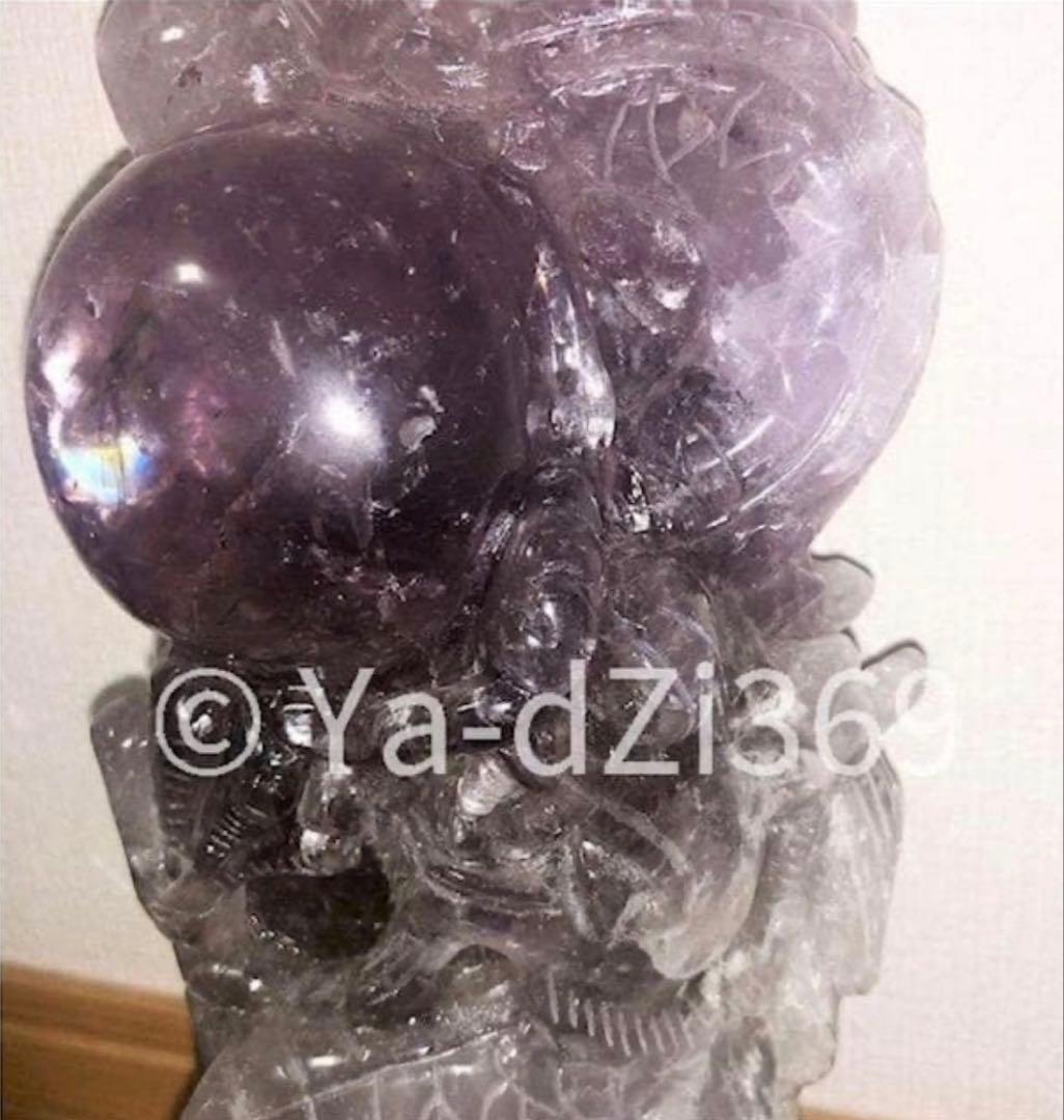 【 高品質 ／ 存在感抜群 】アメジスト 龍神彫り置物 一刀彫 木製専用台座付き