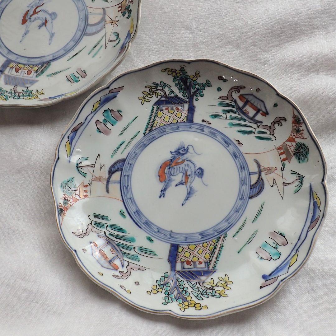 明治　骨董　輪花　リンカ　麒麟　キリン　絵 皿　2枚