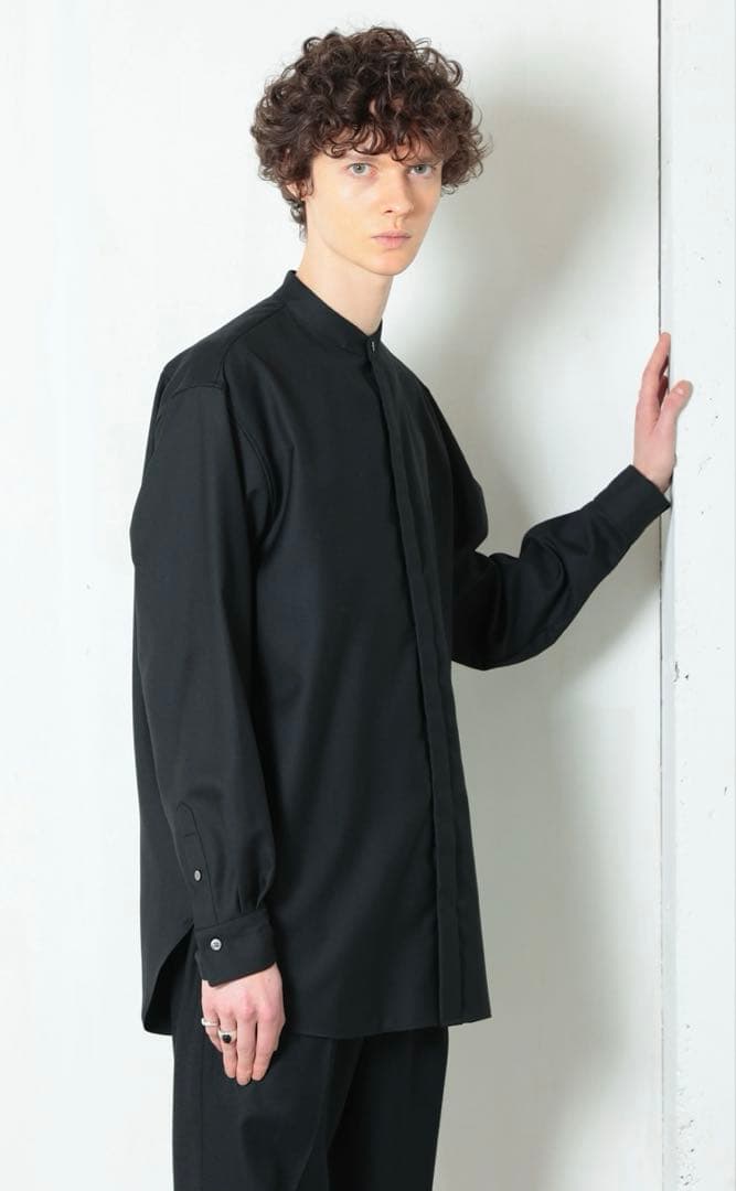 MBハイエンド尾州ウールシャツ（バンドカラー）　ブラック　Mサイズ