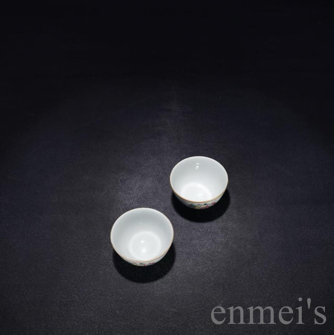 中国古美術・旧蔵・清乾隆粉彩多宝図杯セット・銘紋・唐物・茶碗・茶道具・古陶磁器