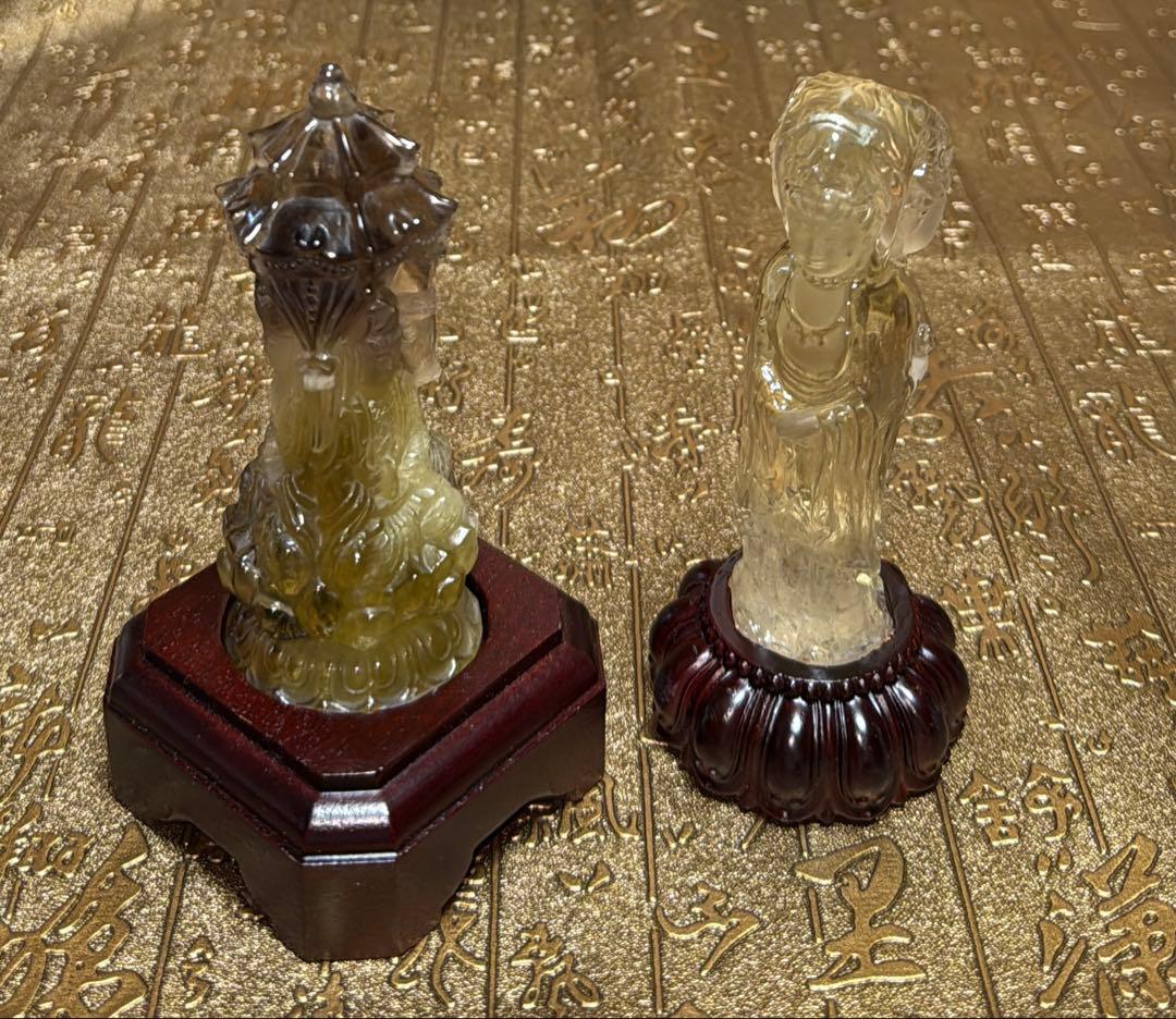 特注手彫り専用台座 天然シトリン 三面観音菩薩 観世音菩薩 手彫り彫刻立象 置物