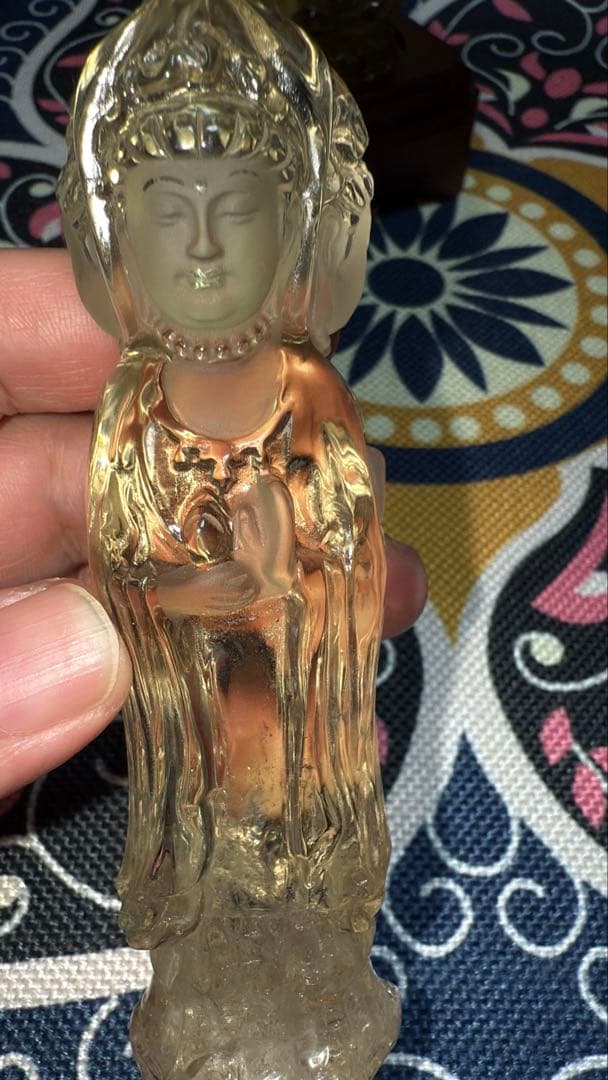 特注手彫り専用台座 天然シトリン 三面観音菩薩 観世音菩薩 手彫り彫刻立象 置物