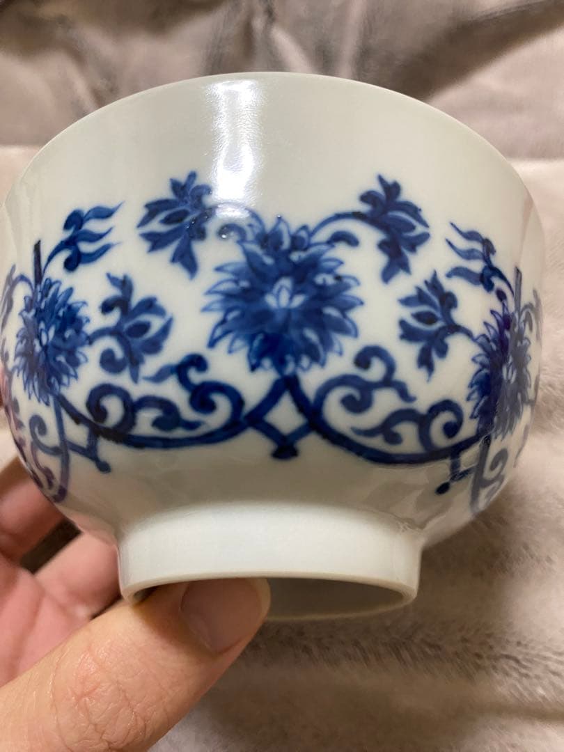 清朝時代　青い花柄の陶磁器茶碗本物　骨董品