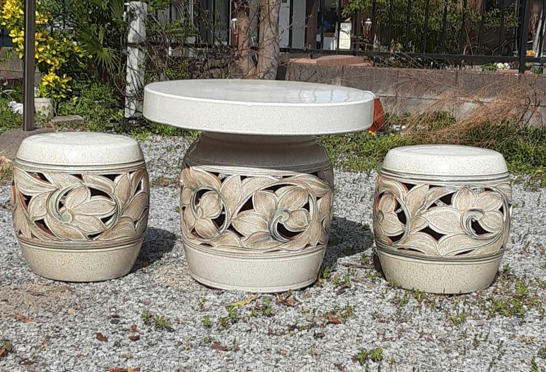 信楽焼透かし唐草テーブル三点セット