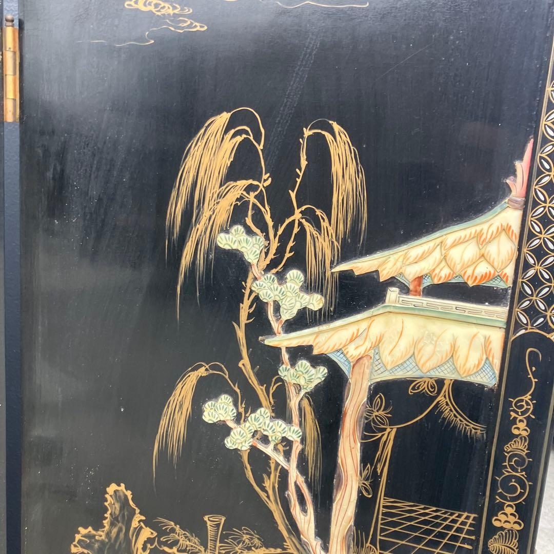 中国骨董 螺鈿細工 兵士 古典画装飾彫り 木製 4連パーテーション 衝立 屏風