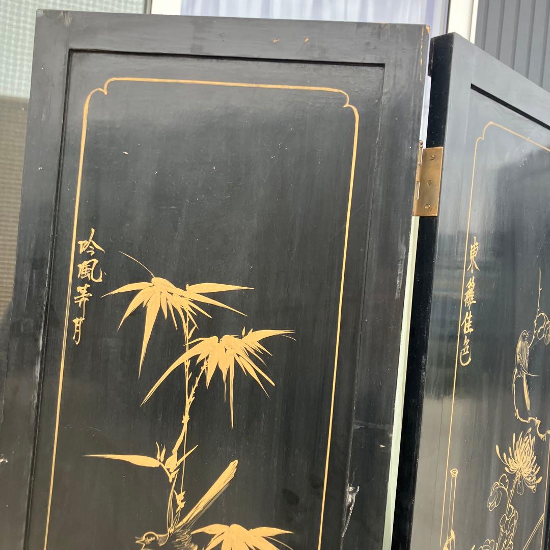 中国骨董 螺鈿細工 兵士 古典画装飾彫り 木製 4連パーテーション 衝立 屏風