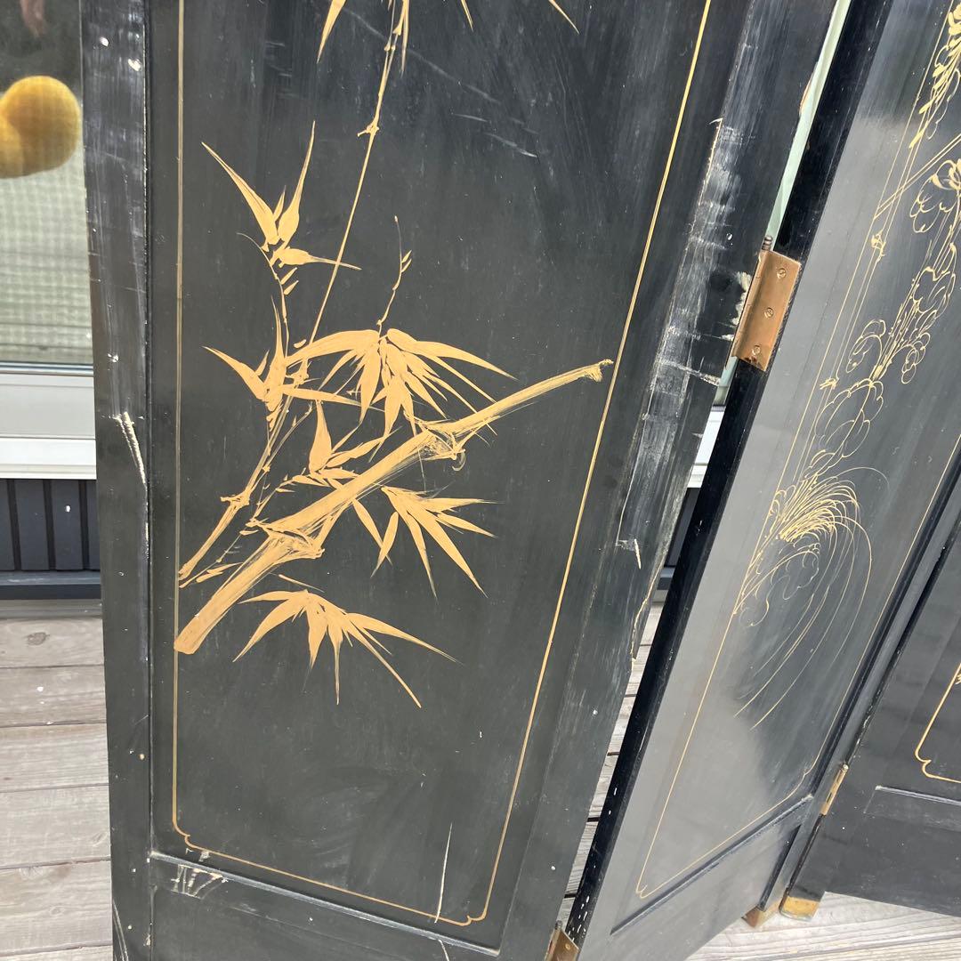 中国骨董 螺鈿細工 兵士 古典画装飾彫り 木製 4連パーテーション 衝立 屏風