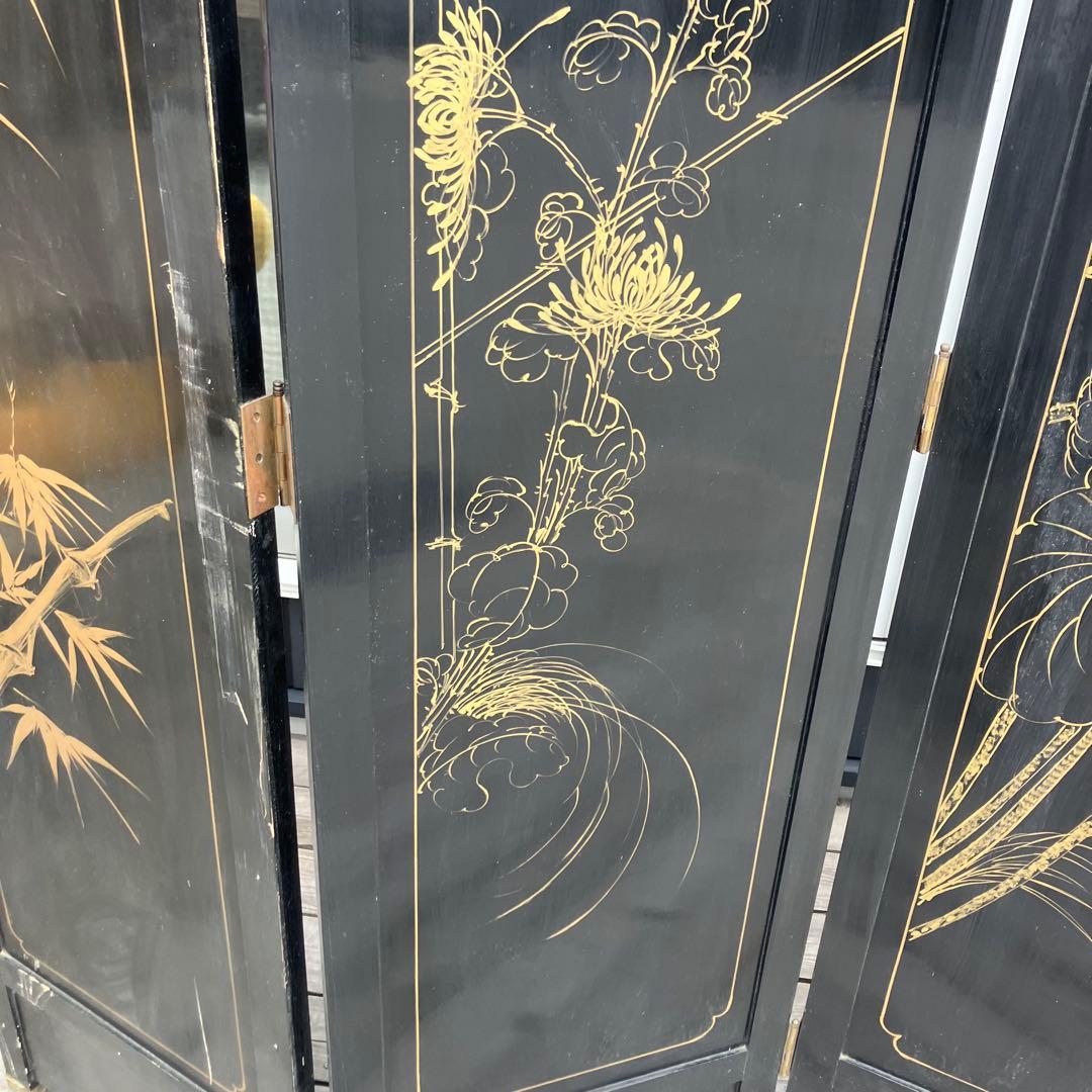 中国骨董 螺鈿細工 兵士 古典画装飾彫り 木製 4連パーテーション 衝立 屏風