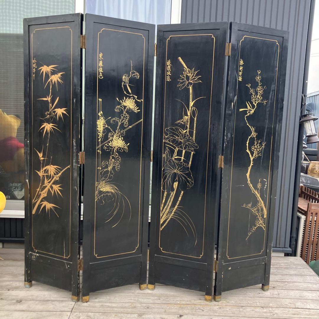中国骨董 螺鈿細工 兵士 古典画装飾彫り 木製 4連パーテーション 衝立 屏風