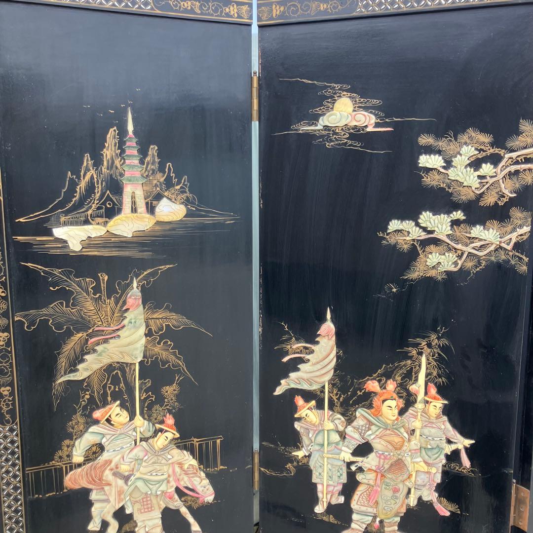 中国骨董 螺鈿細工 兵士 古典画装飾彫り 木製 4連パーテーション 衝立 屏風