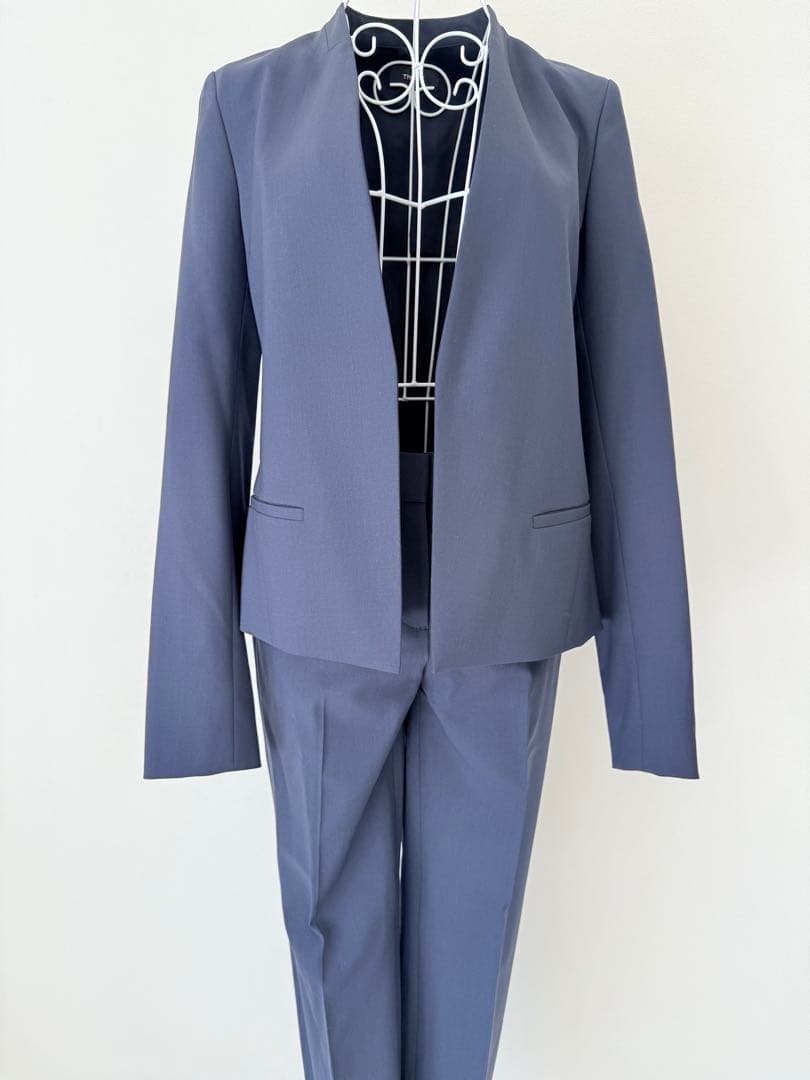 【美品】theoryセオリー/ネイビー ノーカラー パンツスーツ セットアップ