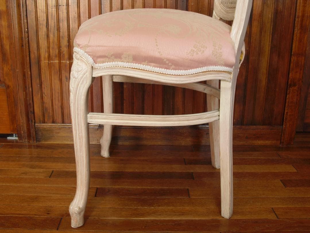 イタリア製 木製チェア☆背もたれメッシュ 木彫 草花ピンクファブリック張替済