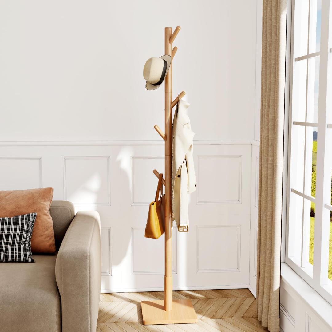 木製ポールハンガーハンガーラック 倒れにくい 落ちにくい 調節可能