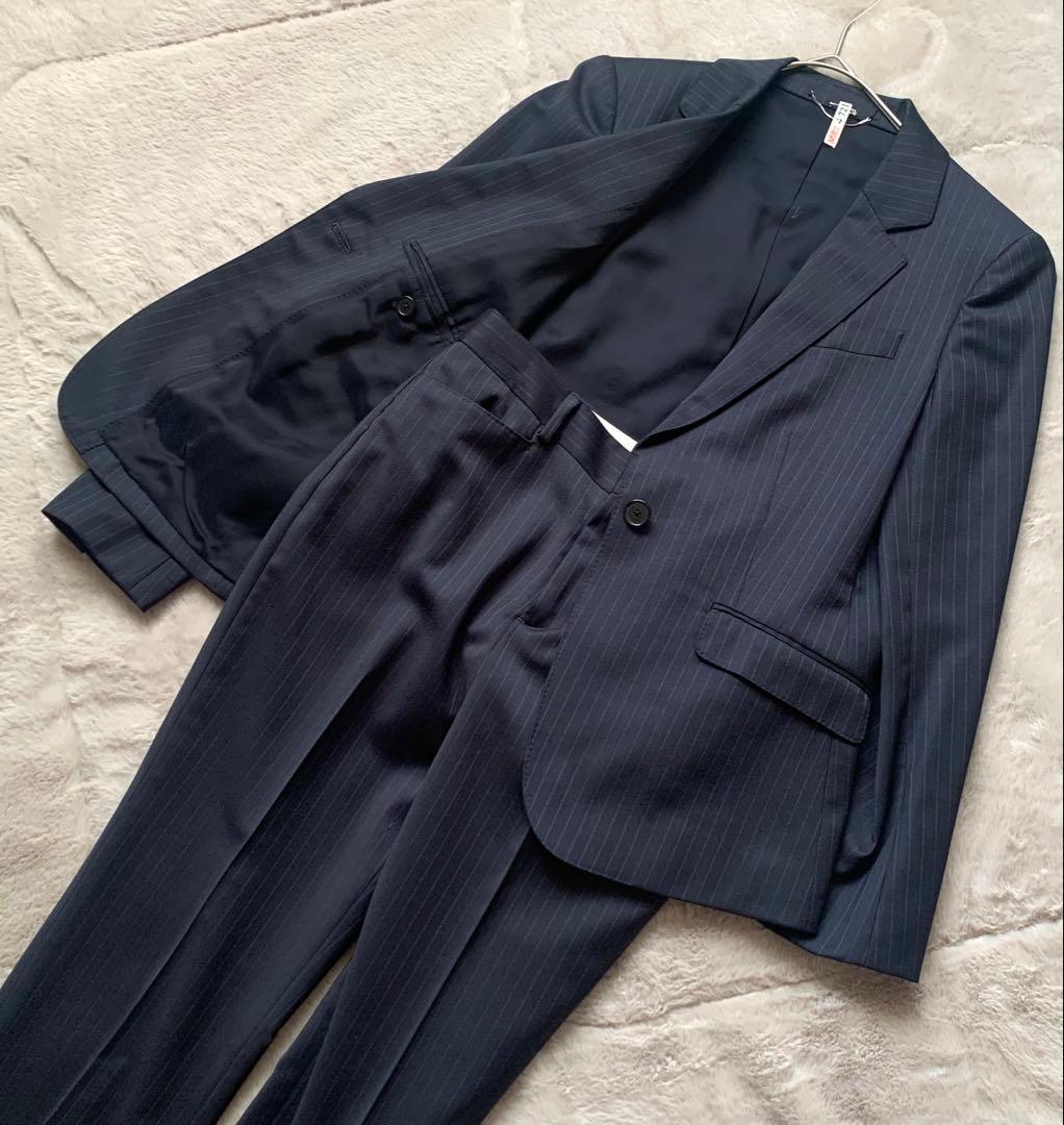 23区　セットアップ　パンツスーツ　ネイビー　ストライプ　総裏　上34下 32