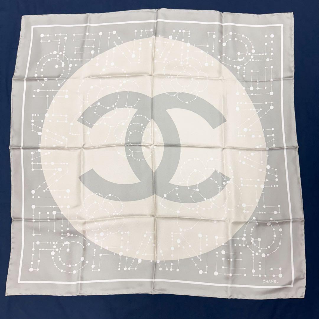 未使用 CHANEL シャネル 大判 カメリア ココマーク スカーフ グレー星座