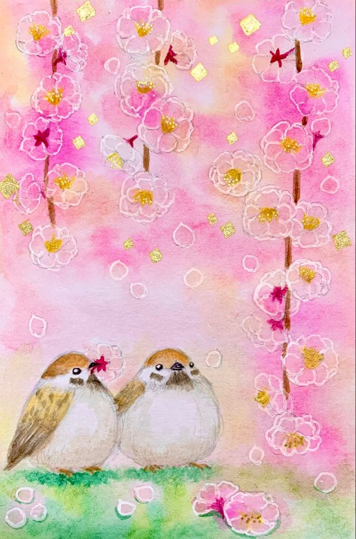 みみ水彩画　枝垂れ梅と雀さん　値段は※900円です