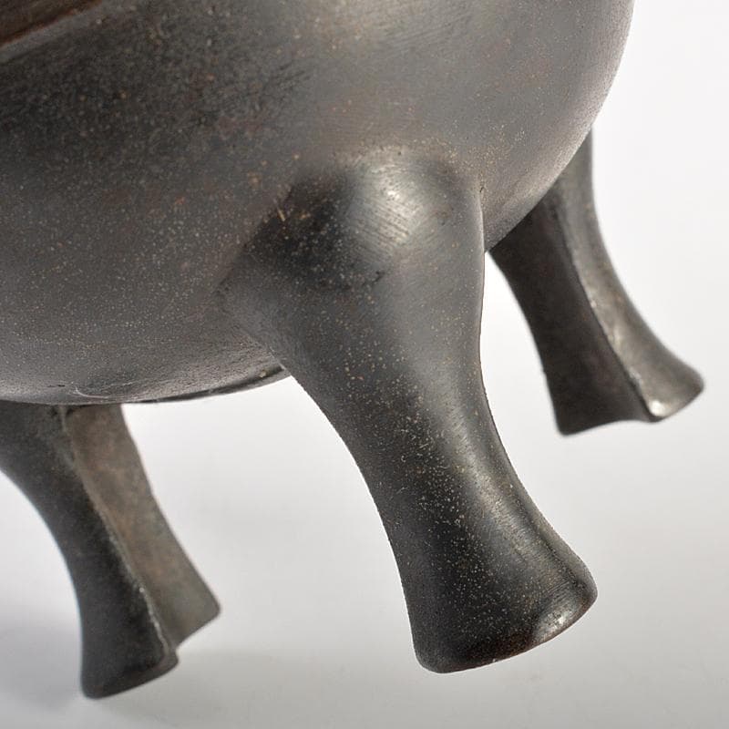 中国　古銅　双耳三つ足鼎　香炉　唐木蓋付　M　R7404