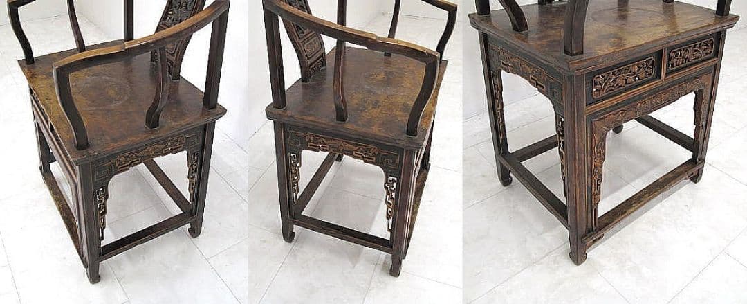 清末民初期頃 中国古典 官帽椅 人物彫刻 硬木 古家具 中国古玩　李朝家具