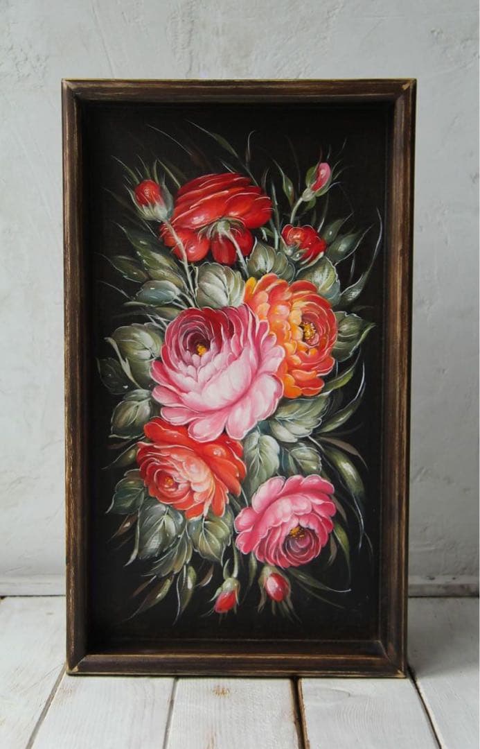 ロシア雑貨☆Rose木製トレイ薔薇 ジョストボ柄 マトリョーシカ ガリーナ作