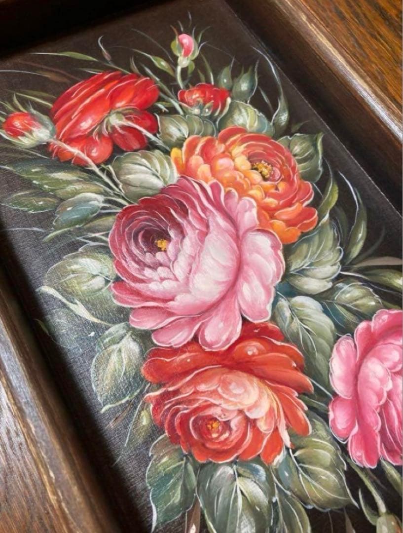 ロシア雑貨☆Rose木製トレイ薔薇 ジョストボ柄 マトリョーシカ ガリーナ作