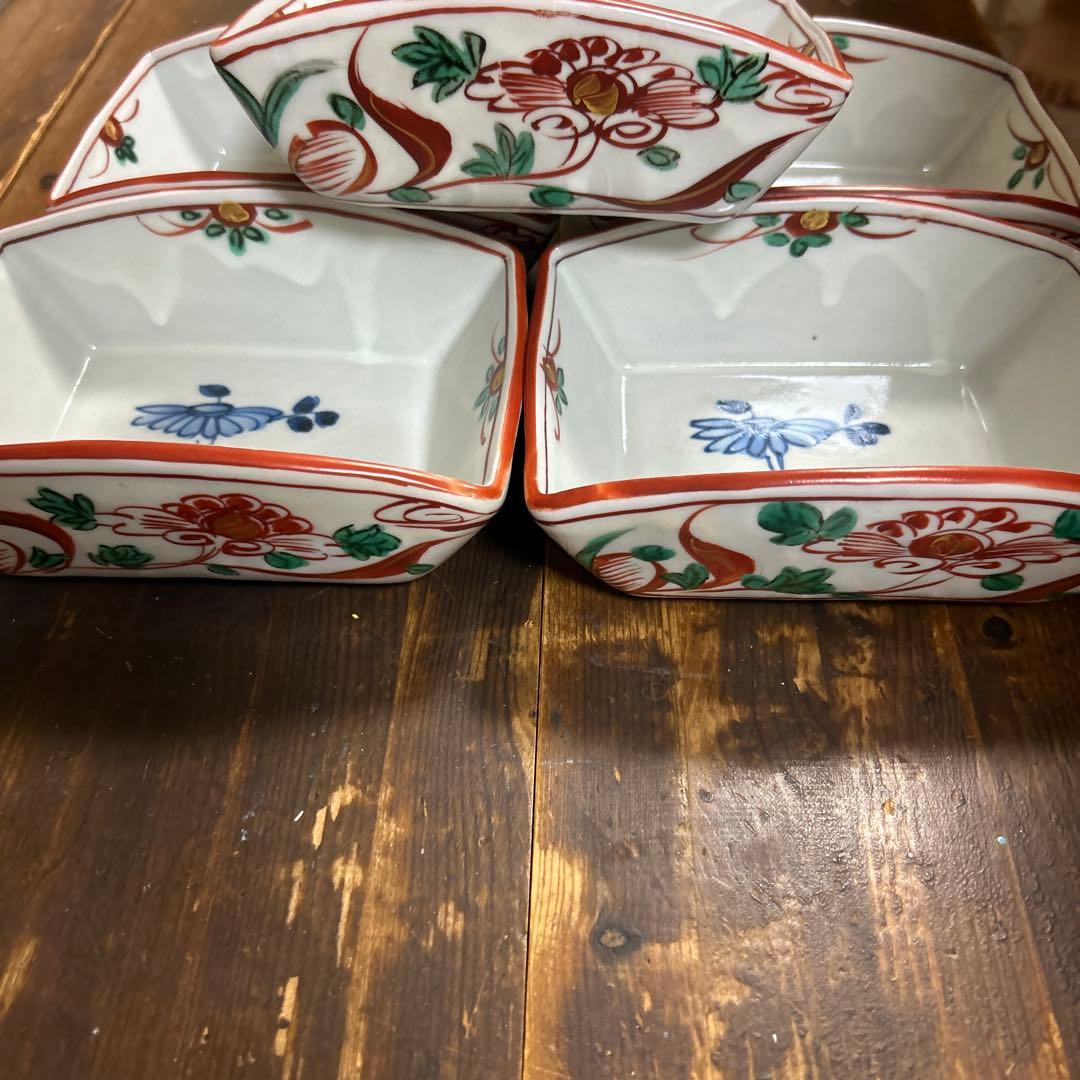 美濃焼　幸兵衛窯　五代 加藤幸兵衛造　金彩赤呉須　扇形向付　手びねり手描き　5個