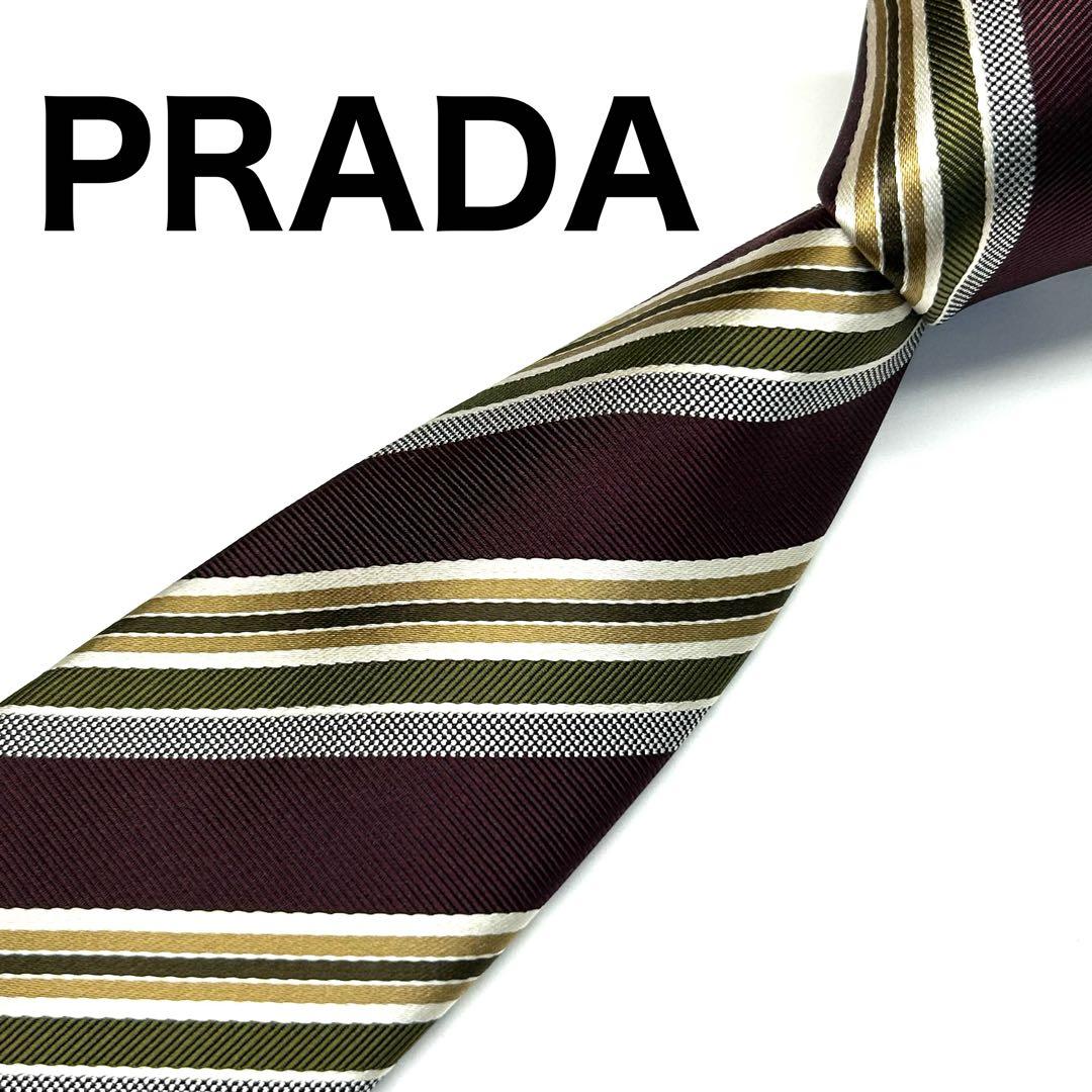 【未使用に近い✨】プラダ ネクタイ ワインレッド ストライプ 肉厚生地 シルク
