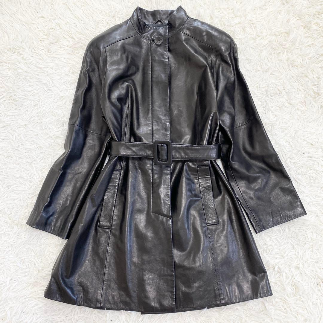 【美品】本革 レザーロングコート スタンドカラー ベルト付 ブラック モード