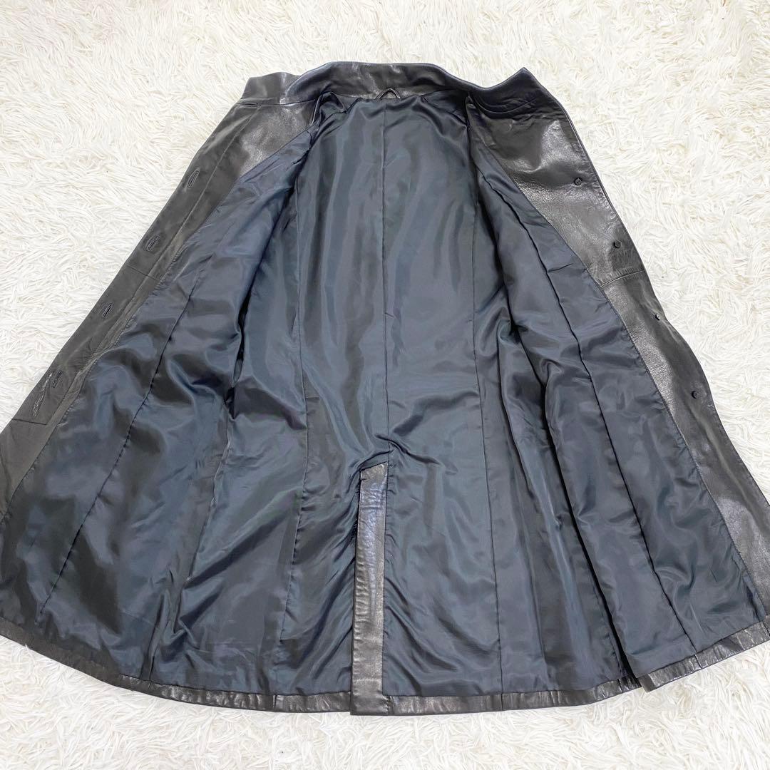 【美品】本革 レザーロングコート スタンドカラー ベルト付 ブラック モード