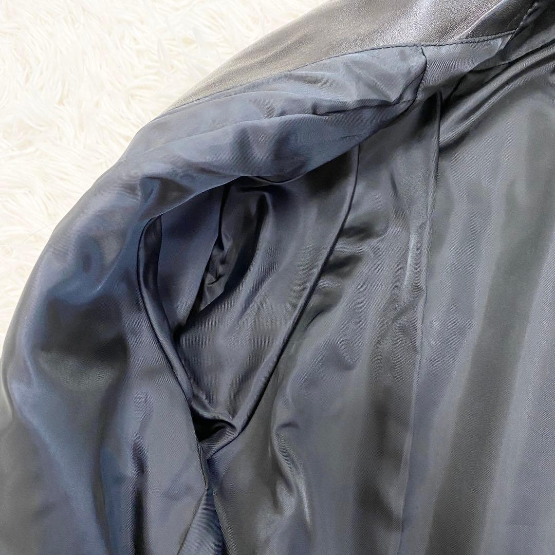 【美品】本革 レザーロングコート スタンドカラー ベルト付 ブラック モード