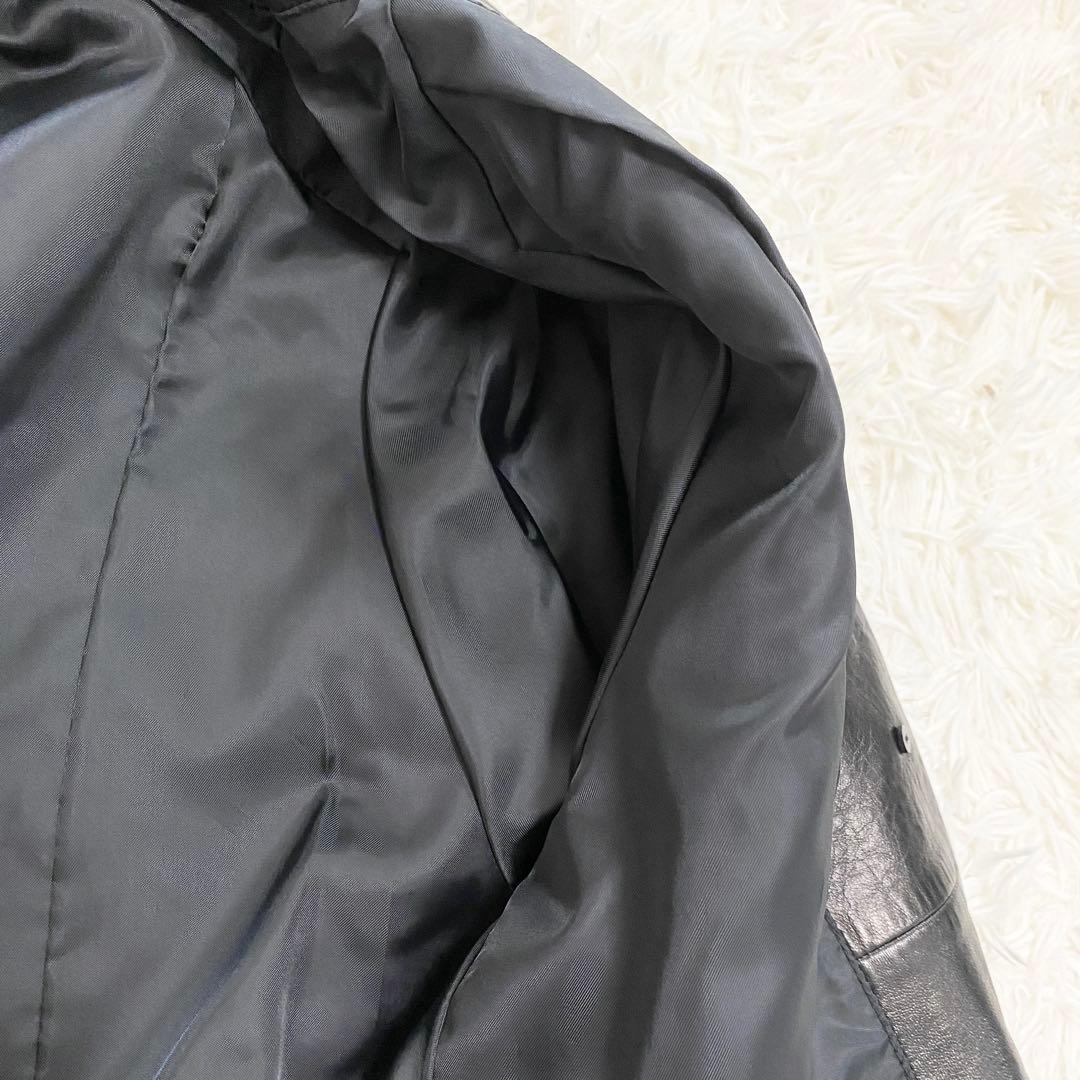 【美品】本革 レザーロングコート スタンドカラー ベルト付 ブラック モード