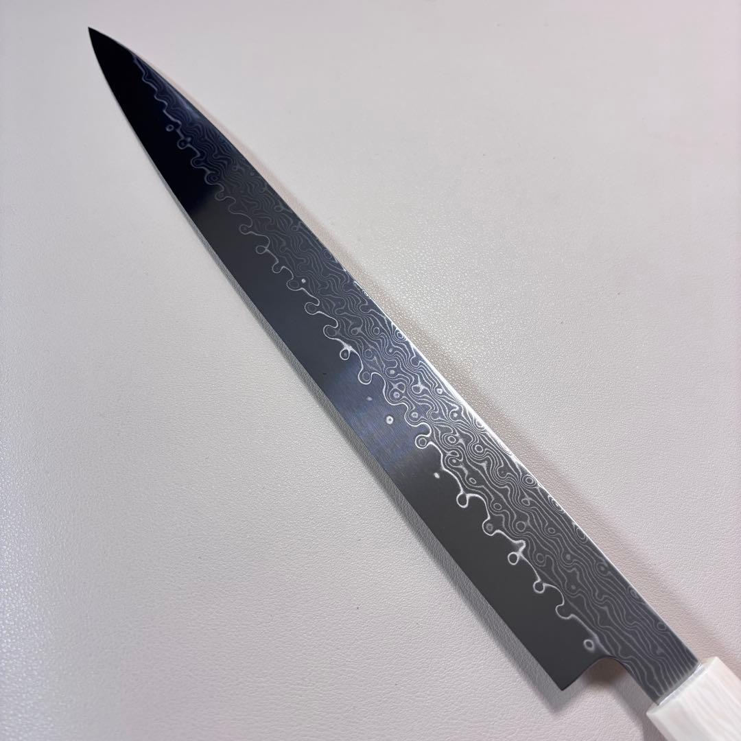 尺300mm 柳刃包丁 墨流しダマスカス　人工象牙八角柄 和包丁 白•