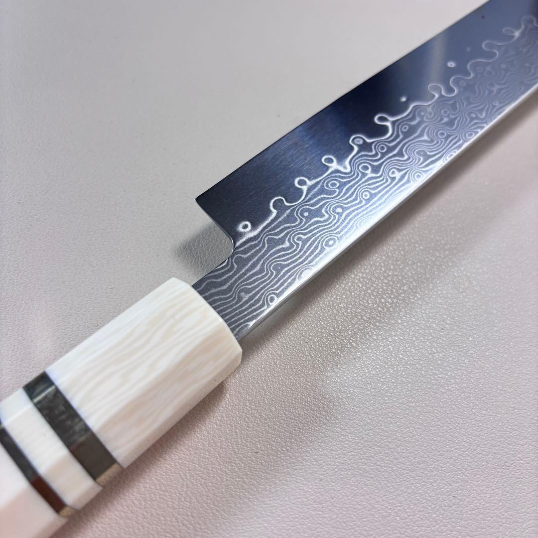 尺300mm 柳刃包丁 墨流しダマスカス　人工象牙八角柄 和包丁 白•