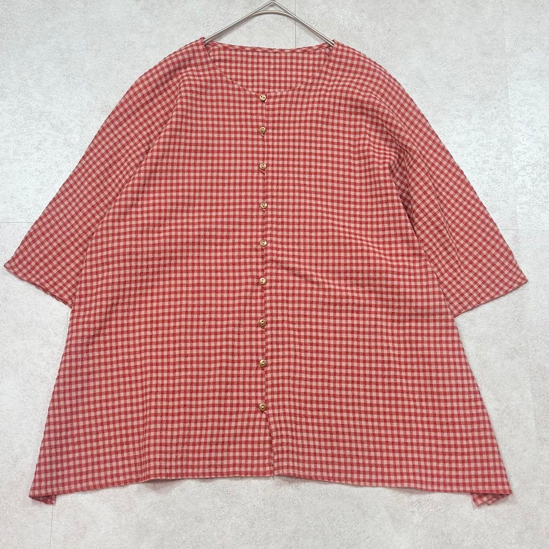 美品✨ヨーガンレール　綿ちぢみギンガムチェックブラウス　ババグーリ　日本製