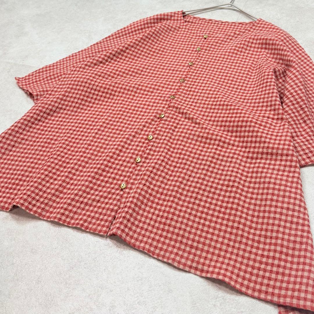 美品✨ヨーガンレール　綿ちぢみギンガムチェックブラウス　ババグーリ　日本製
