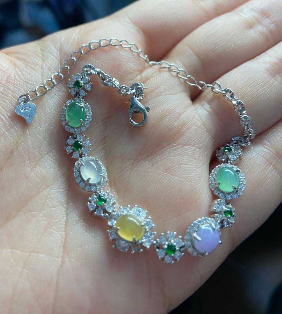 ミャンマー産A貨翡翠 高氷 蛋面 翡翠ブレスレット SV925 ジルコニア