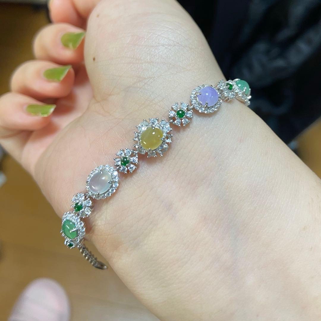 ミャンマー産A貨翡翠 高氷 蛋面 翡翠ブレスレット SV925 ジルコニア