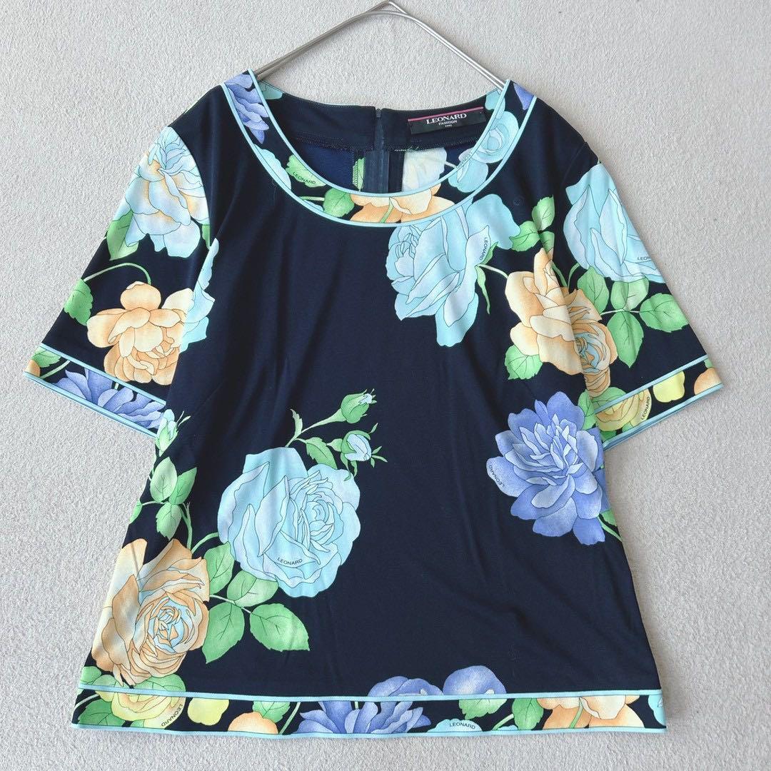 美品✨レオナール　ブラウス　半袖　花柄　トリム　　カンカン素材　ブルー　L