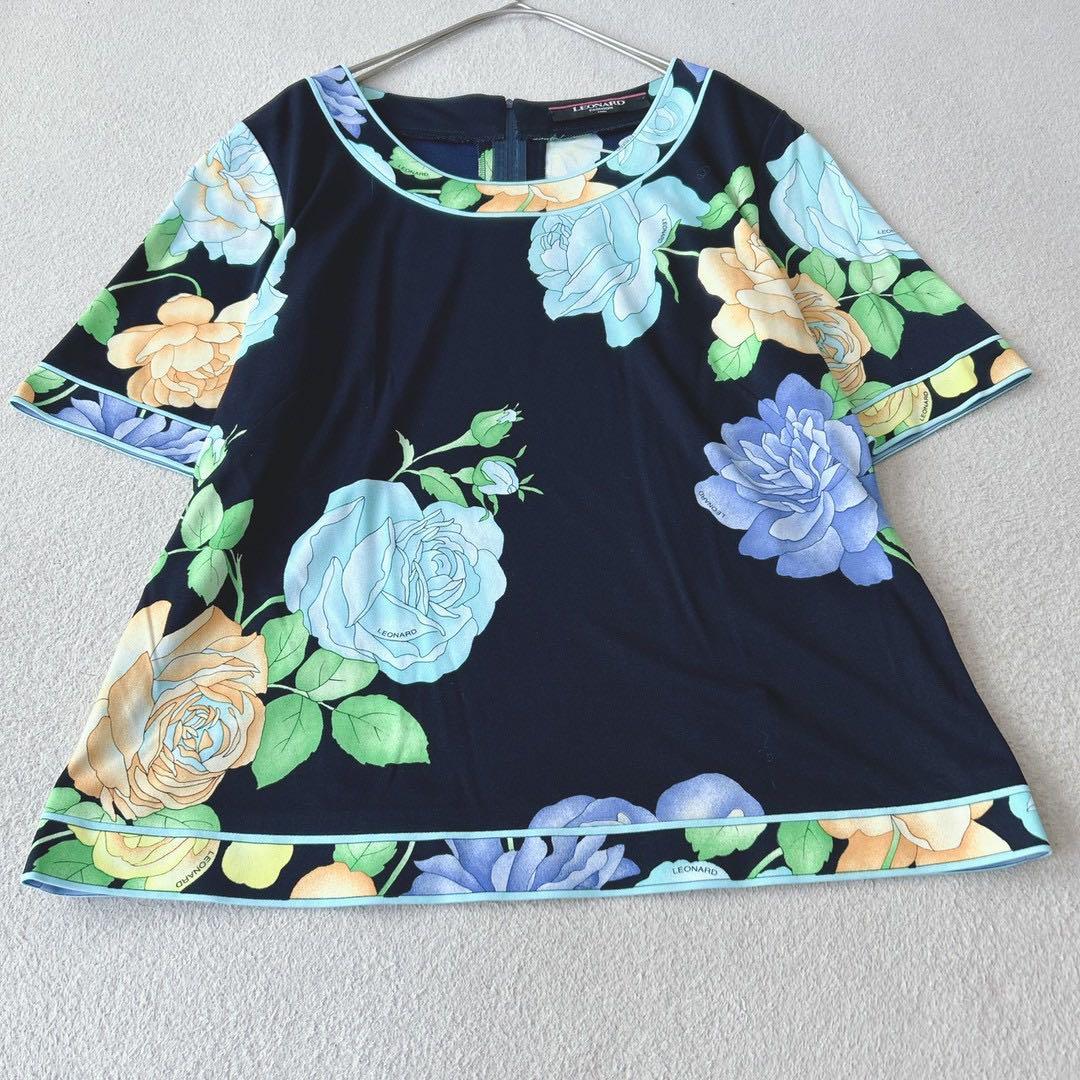 美品✨レオナール　ブラウス　半袖　花柄　トリム　　カンカン素材　ブルー　L