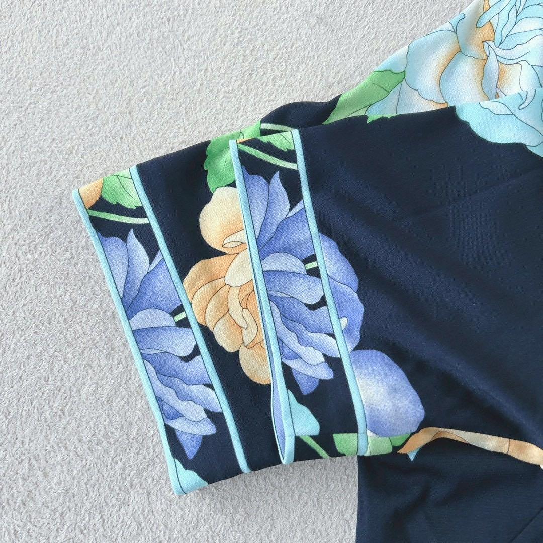 美品✨レオナール　ブラウス　半袖　花柄　トリム　　カンカン素材　ブルー　L