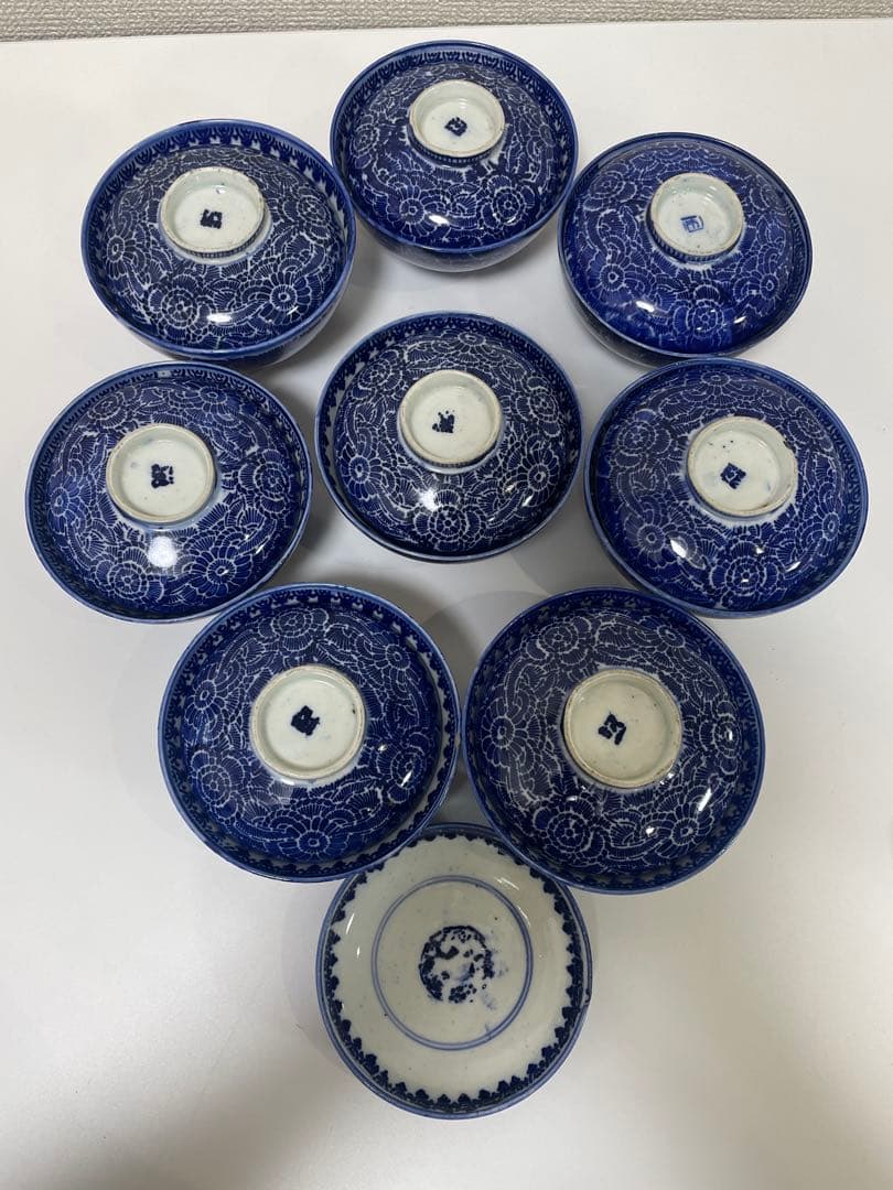 古伊万里 染付 花唐草模様 レトロ 明治 蓋付き 茶碗 8客 蓋9客