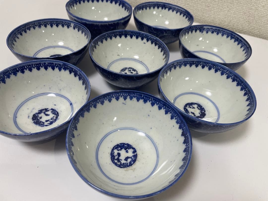 古伊万里 染付 花唐草模様 レトロ 明治 蓋付き 茶碗 8客 蓋9客