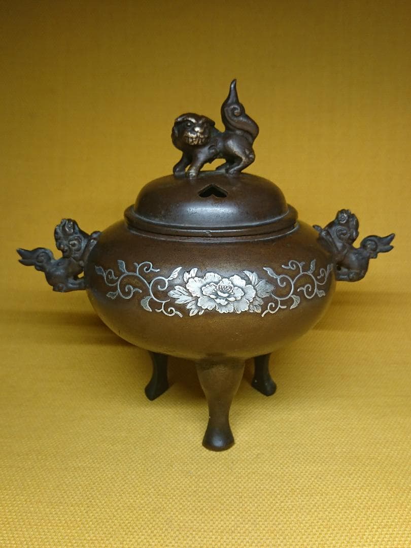 香炉　古玩　古銅　骨董　銀象嵌　置物　インテリア　工芸品　美術品　A3365